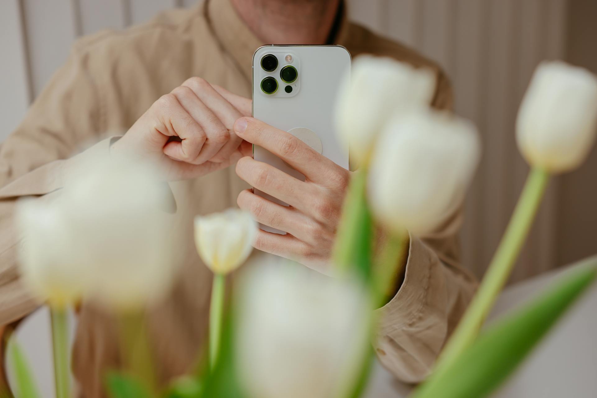 Close-up of a man photographing white tulips indoors with a smartphone.