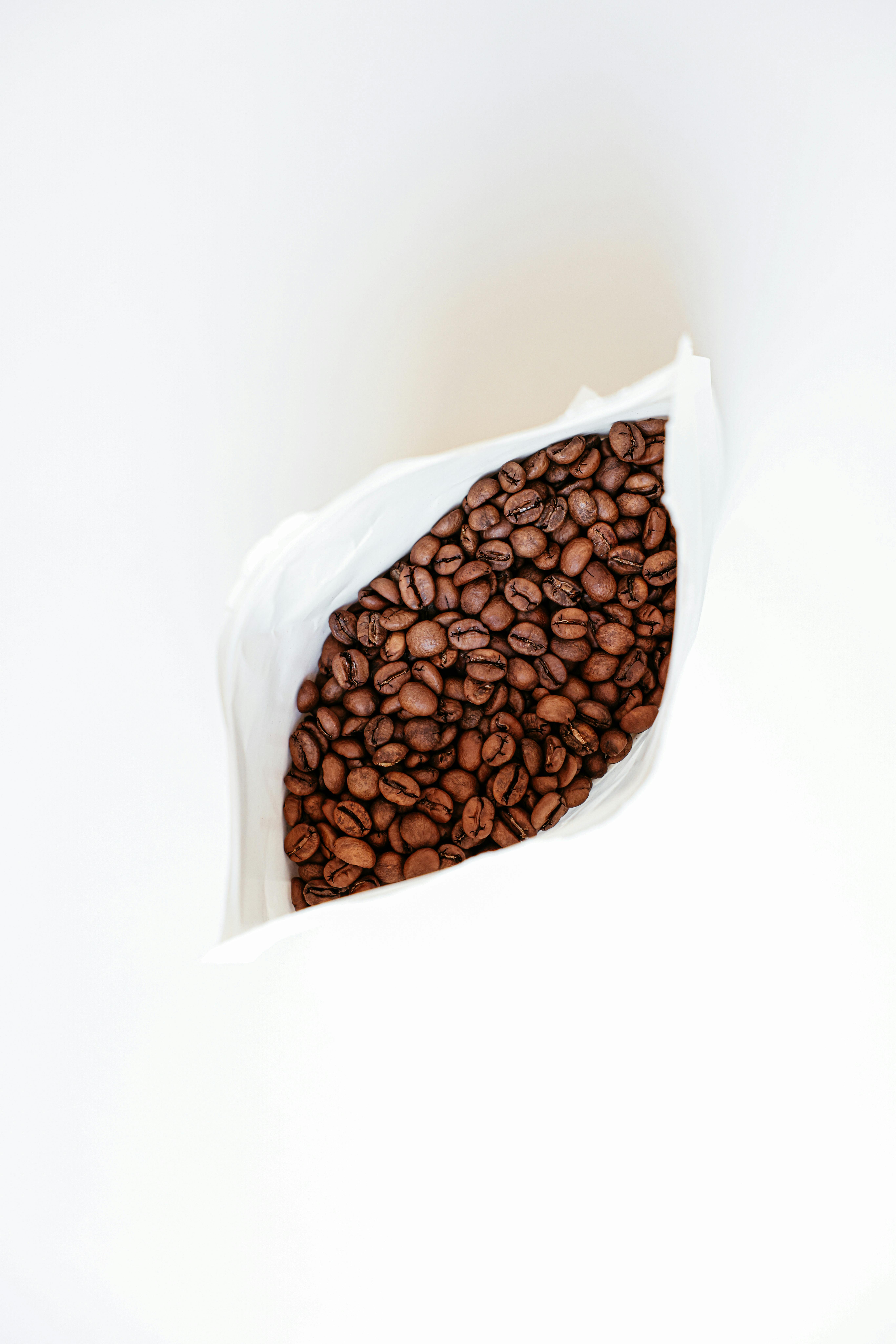 A top view of freshly roasted coffee beans in a white bag on a plain background, perfect for coffee enthusiasts.
