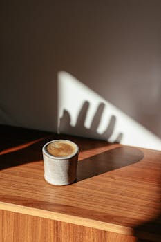 Warm coffee in a ceramic cup casting shadow on a wooden table.