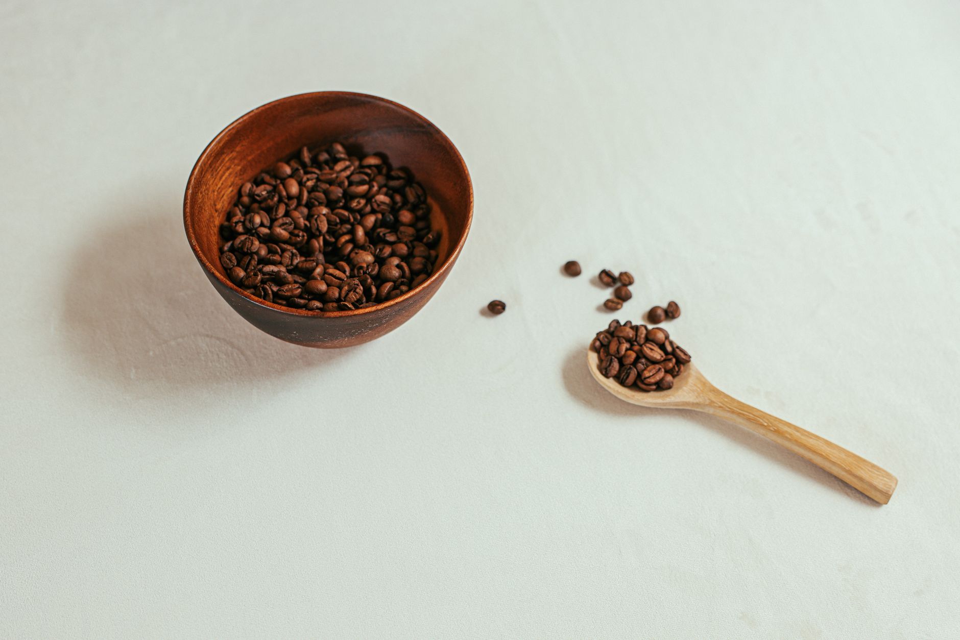 A high-angle shot of coffee beans in a wooden bowl and spoon against a white background. What Is Single Origin Coffee?