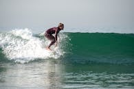 A Man Wearing a Surfer Rash Guard Surfing in a Beach Wave