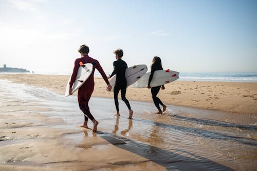 Free Surfers carrying their Surfboards while Walking by the Beach Stock Photo