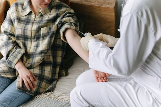 A healthcare professional administering an injection to a patient inside a clinic.
