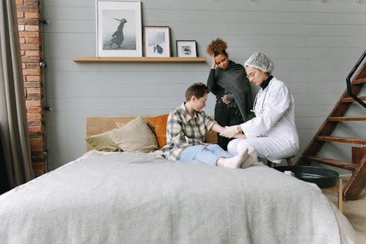 A doctor offers supportive care to a patient in a cozy bedroom setting, fostering recovery.