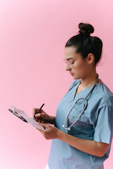 Side view of a female nurse writing on a clipboard against a light pink background.