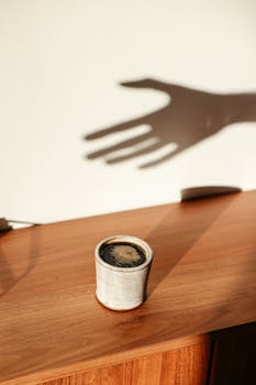 A coffee cup on a wooden table with an artistic shadow play of a hand in soft lighting.