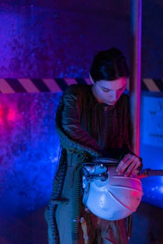 A woman adjusts space gear in a vibrant, futuristic setting. Sci-fi ambiance.