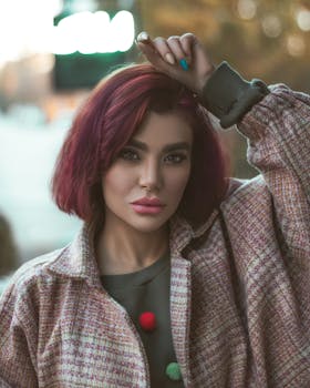 Woman in a winter coat posing outdoors, showcasing red hair and bold makeup against a blurred background.