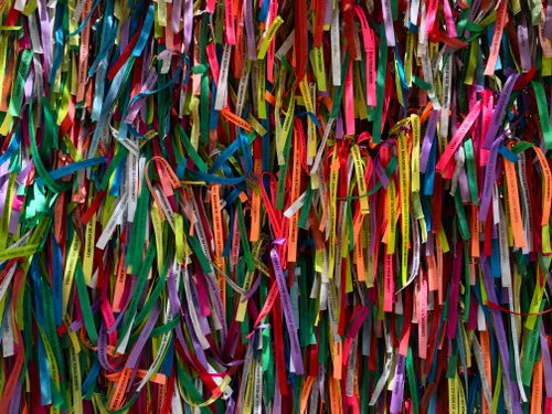 Free Vibrant ribbons creating a festive decoration in Jijoca de Jericoacoara, Brazil. Stock Photo