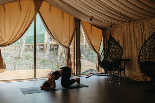 Free Calm yoga session indoors with woman in yoga pose near large window. Relaxing environment. Stock Photo