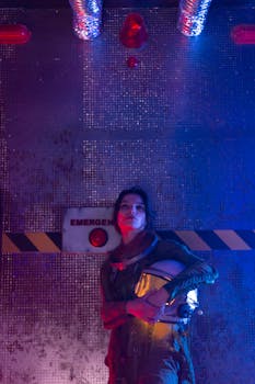 A woman in a spacesuit holding a helmet, standing in a colorful sci-fi environment.