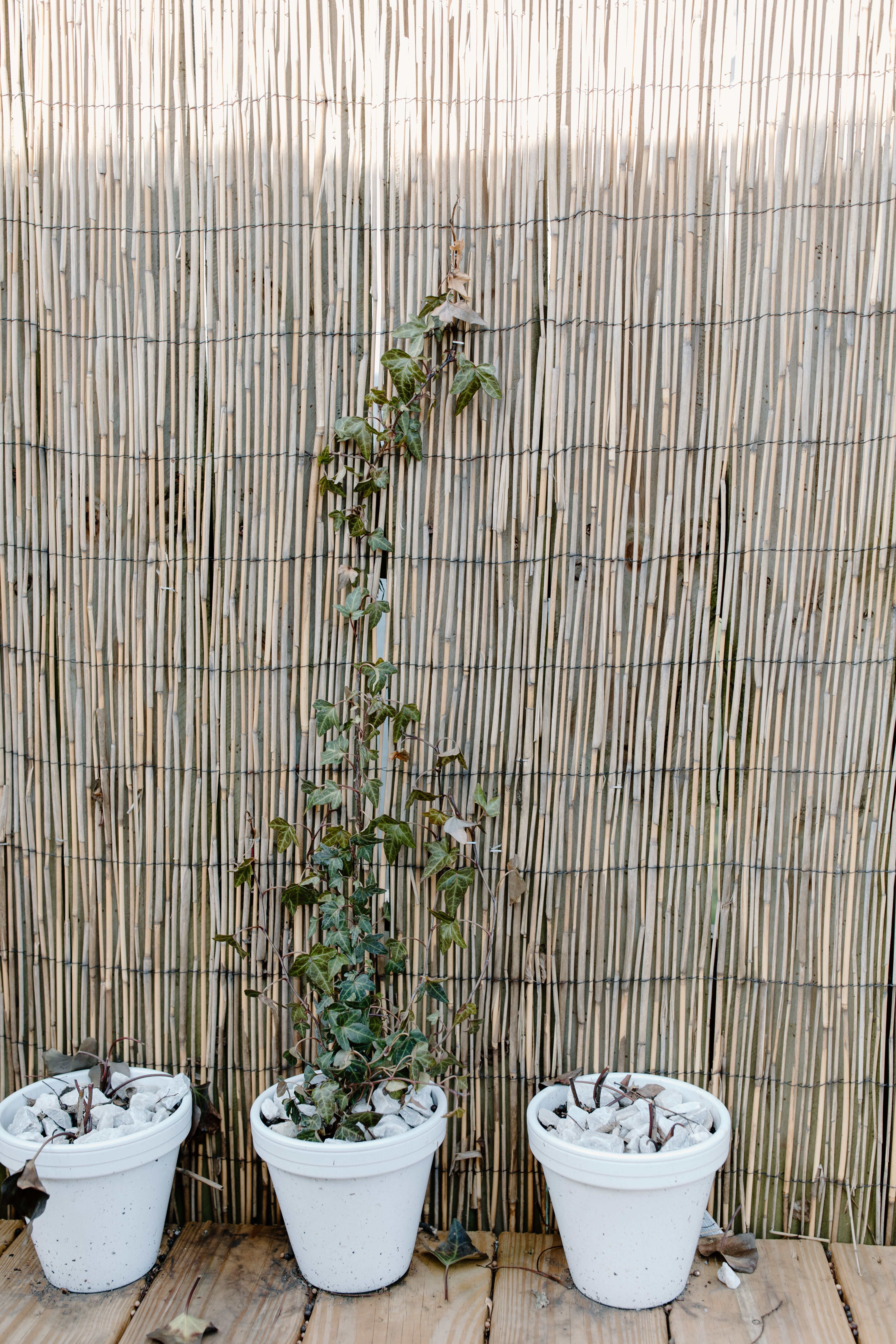 rustic wooden decorative fencing panels lining the edge of a small patio for privacy
