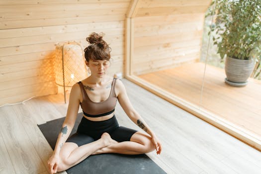 A woman in activewear meditating indoors on a yoga mat in a serene setting.