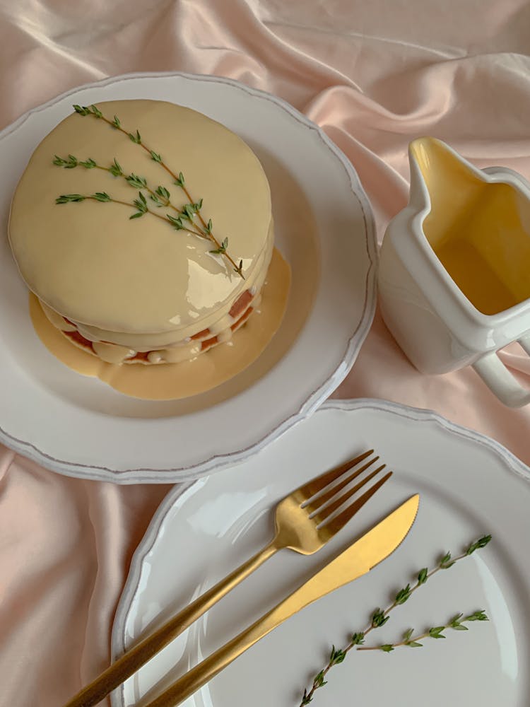 Overhead Shot Of Pancakes With Sauce