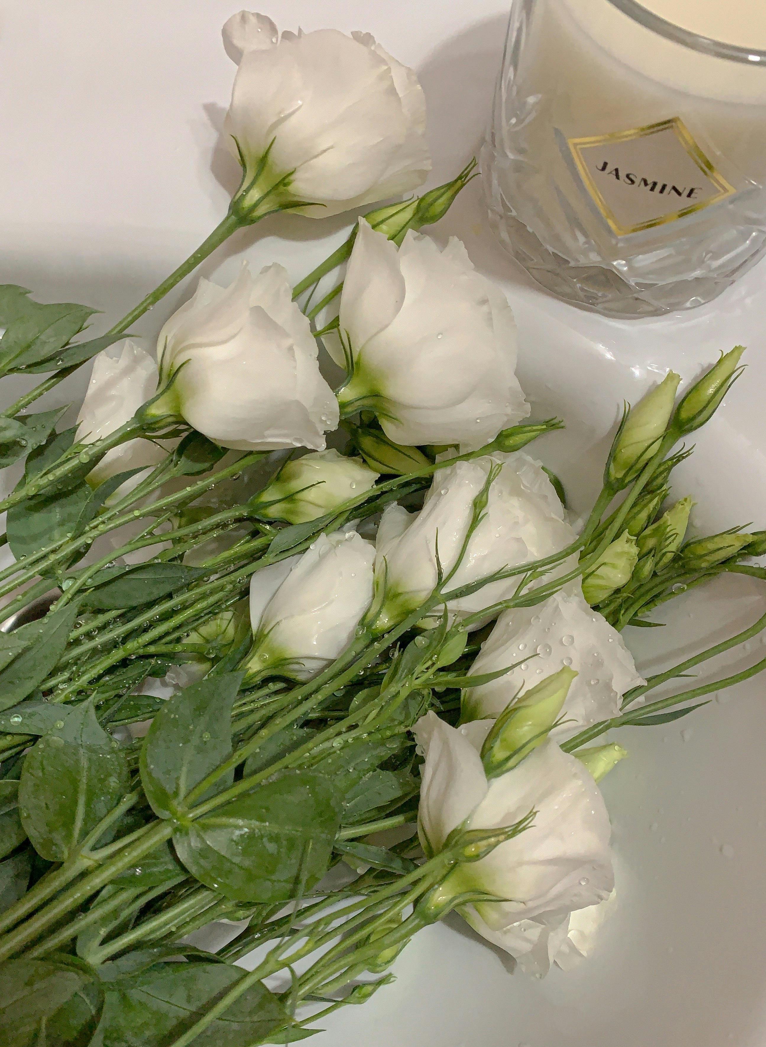 Fresh white eustoma flowers with dew drops beside a jasmine-scented candle.