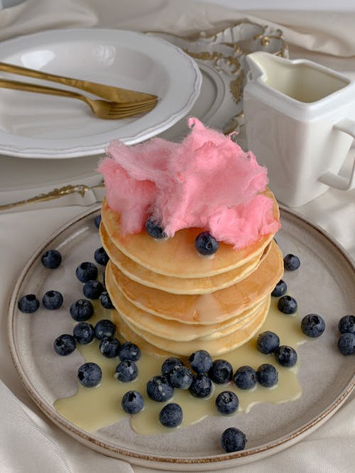 Pancakes with Blueberries and Cotton Candy on Top 