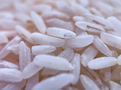Detailed macro image of white rice grains showcasing texture and detail of grains.