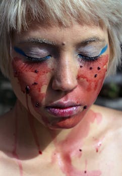 Close-up portrait of a young woman with creative makeup and closed eyes, outdoors.