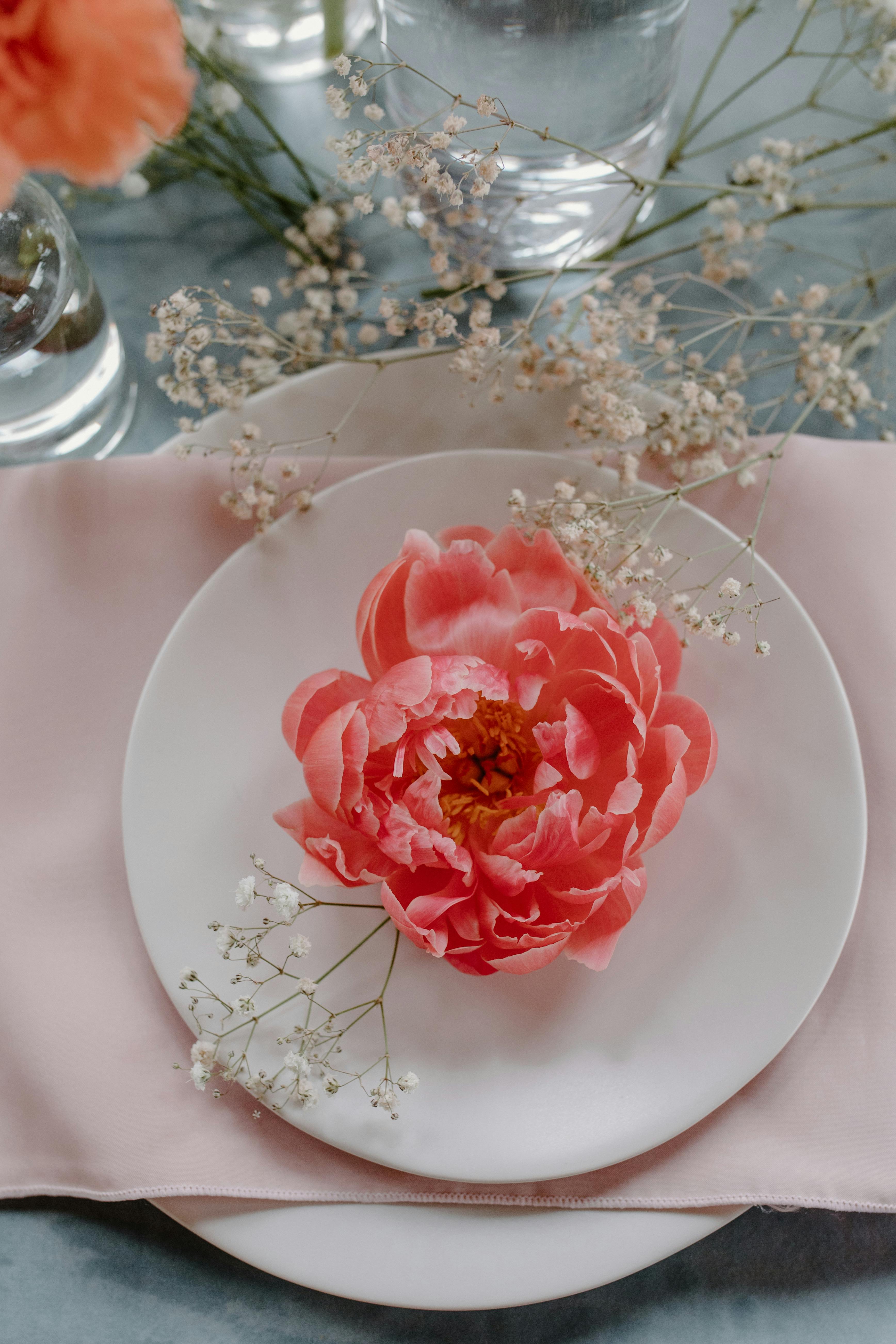 Pink Flower on White Ceramic Plate