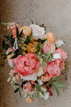 A stunning bridal bouquet featuring peonies, roses, and greenery in soft pastel colors.