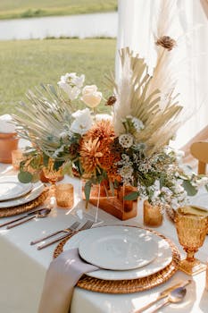 Gorgeous floral centerpiece on a wedding table setting outdoors, showcasing elegance and romance.