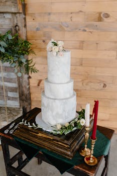 A beautifully decorated wedding cake featuring floral accents and rustic elements, perfect for an elegant reception.