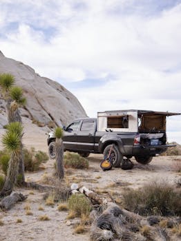 Pickup truck parked in desert with guitar and open camper, surrounded by Joshua trees.