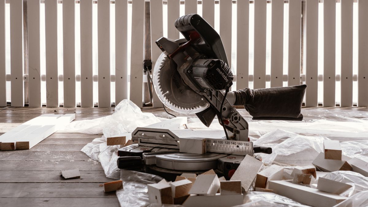 A circular saw and offcuts on a deck under construction. Board ends get trimmed flush after they're fastened.