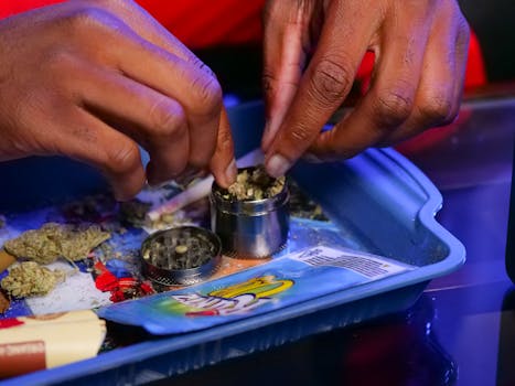 Close-up of hands preparing cannabis with a grinder on a tray.