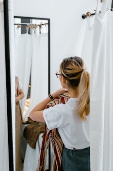 A woman in a boutique trying on clothes, looking at her reflection in the fitting room mirror.
