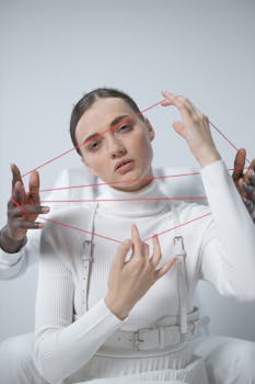 Elegant woman in white outfit with red string in artistic portrait against light grey background.