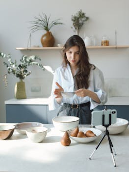 Young woman recording a cooking video in a stylish kitchen setting.