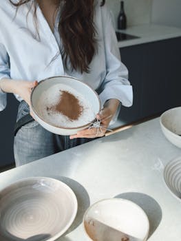 A woman with long sleeves prepares food ingredients with a whisk in a modern kitchen setting.
