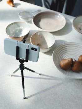 A smartphone on a tripod capturing a food scene with bowls and pears on a tabletop.