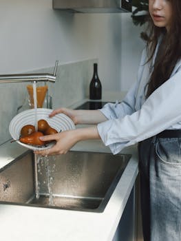 A woman rinses fresh pears under a faucet in a contemporary kitchen setting.