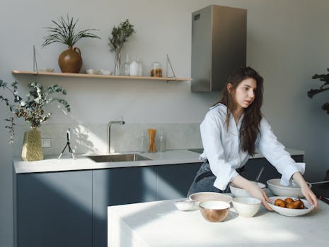 A young woman arranges bowls on a countertop in a stylish, minimalist kitchen.