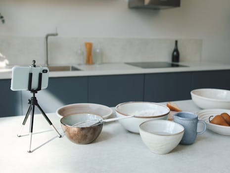 A modern kitchen with tableware and a smartphone set for video recording.