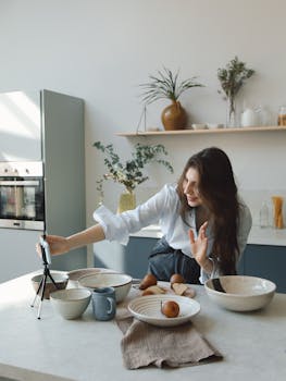 A young woman in a modern kitchen creating a cooking video content for her vlog.