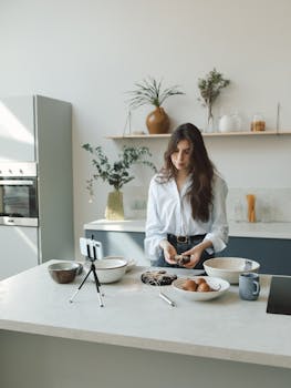 Woman baking in a stylish kitchen, recording a vlog on her phone.