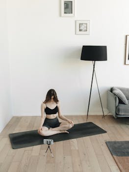 Woman seated in yoga pose on mat indoors, filming with phone tripod.