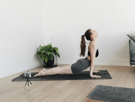 Young woman performing yoga pose indoors, using smartphone for guidance, relaxed and focused.