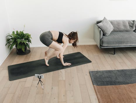 Woman practicing yoga at home on a mat with a smartphone recording. Ideal for fitness and lifestyle themes.