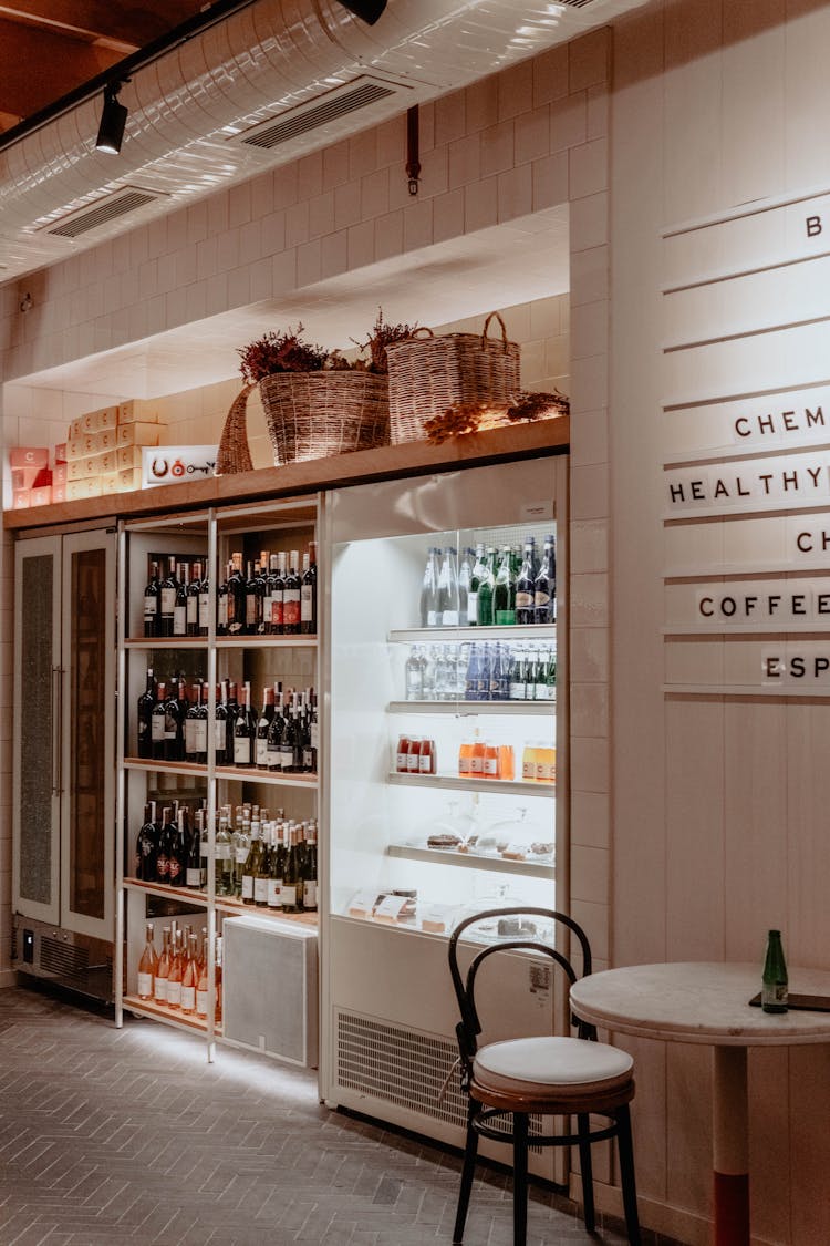 Wine Bottles In A Coffee Shop Fridge