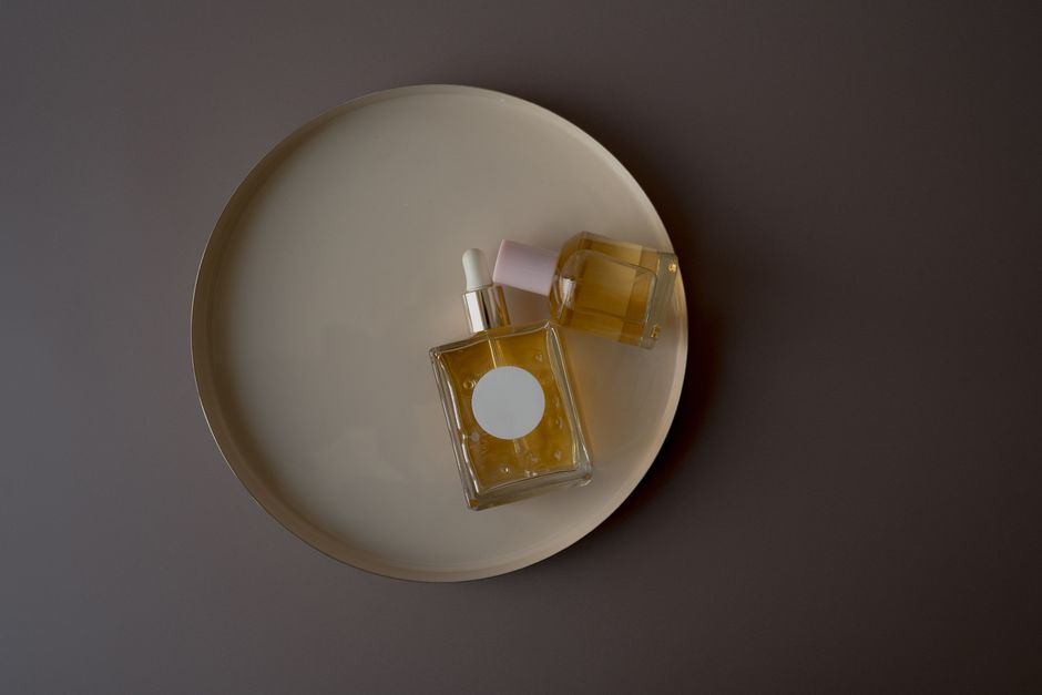 Perfume bottles displayed on a tray