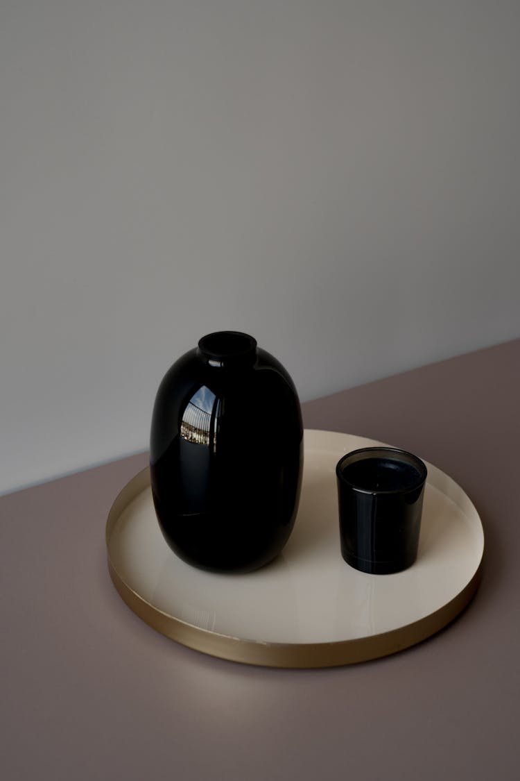 Black, Decorative Vase And Glass