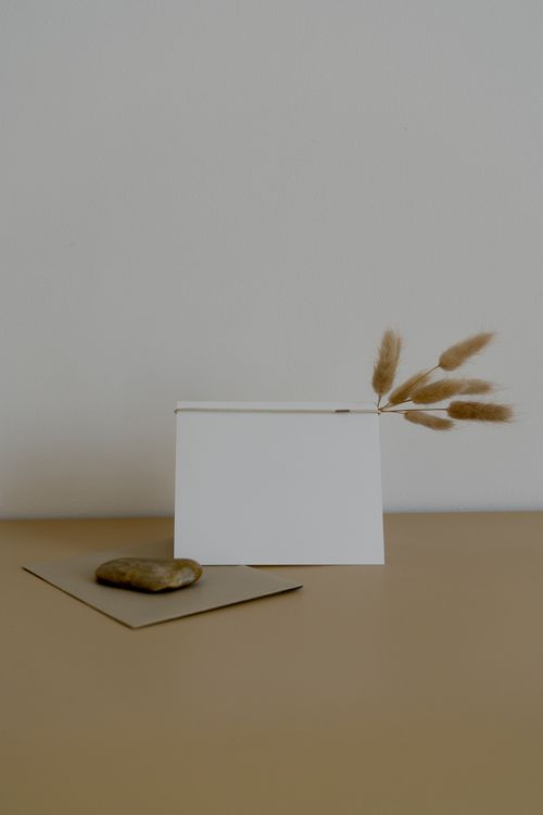 Free A minimalist setup featuring a blank card and dried grass on a beige background. Stock Photo