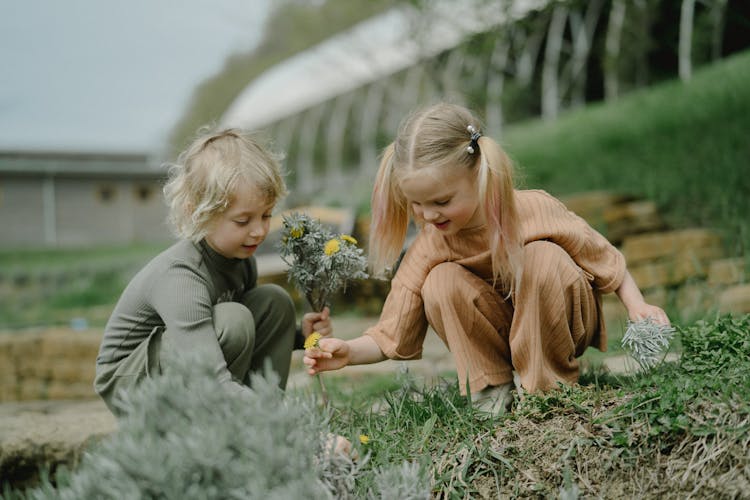 Children Picking Up Flowers