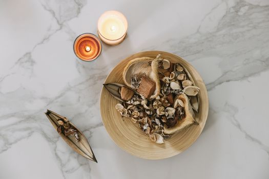 Brown Wooden Round Bowl With White Ceramic Cups