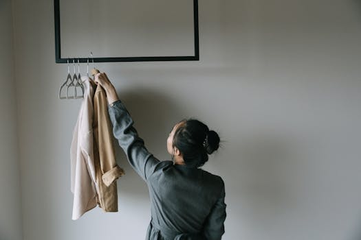 A woman reaches for clothes on a rack in a minimalist indoor setting.