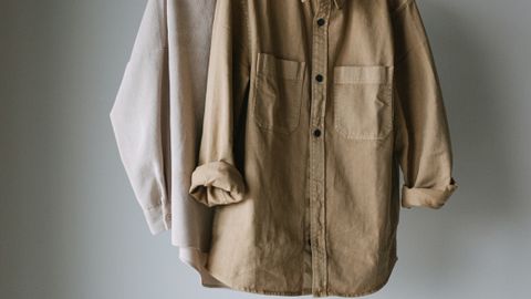 Two neutral shirts hanging on a rack, perfect for minimalist fashion concepts.